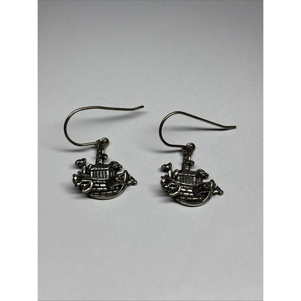 Vintage Sterling Silver 925 Noahs Ark Bible Boat Dangle Earrings